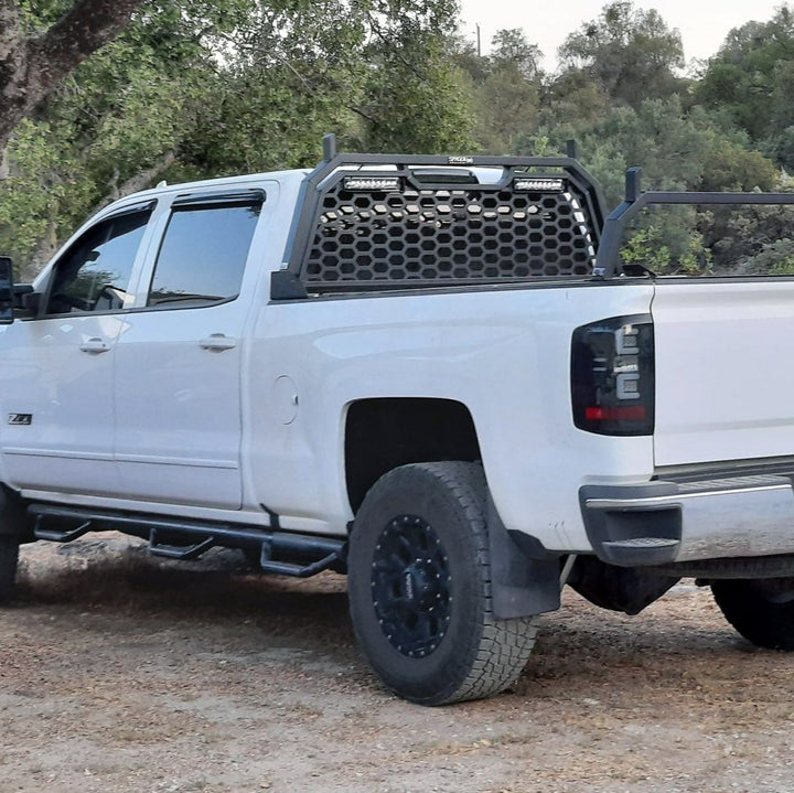 Full coverage Black Widow 'HC' Headache Rack with window opening on Chevy